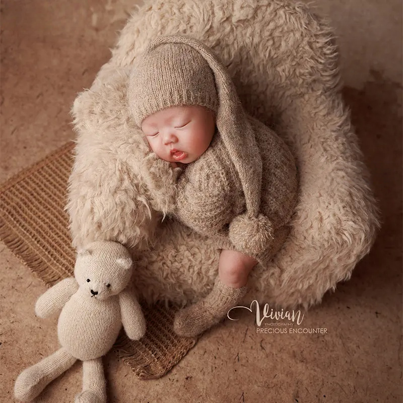 Khaki Vintage Knitted Furry Sofa Set - Newborn Photography Props